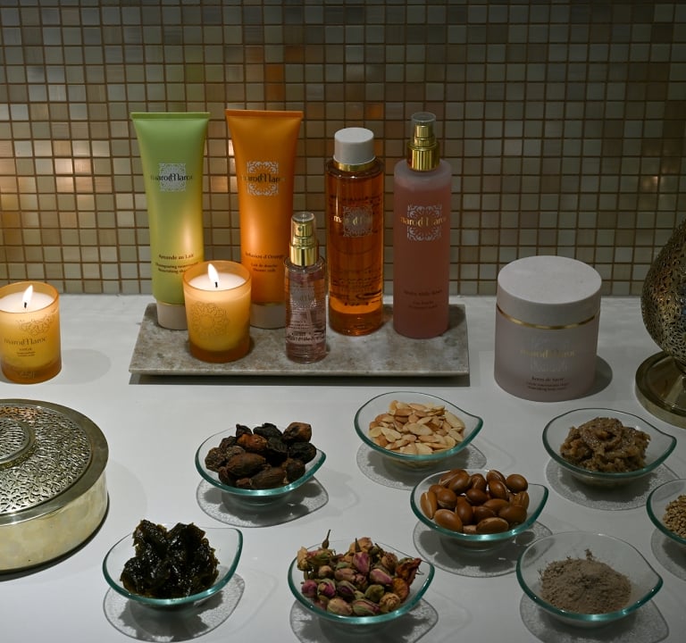 Moroccan Products spread on a table at Amrit Ocean Resort Wellness Spa.