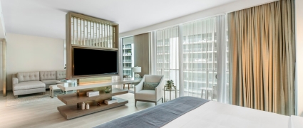 View from of the living space from the bedroom of a junior suite king at Amrit Ocean Resort
