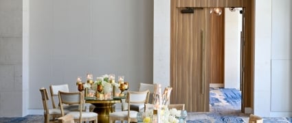 A table setting for an event in the Hibiscus venue at Amrit Ocean Resort.
