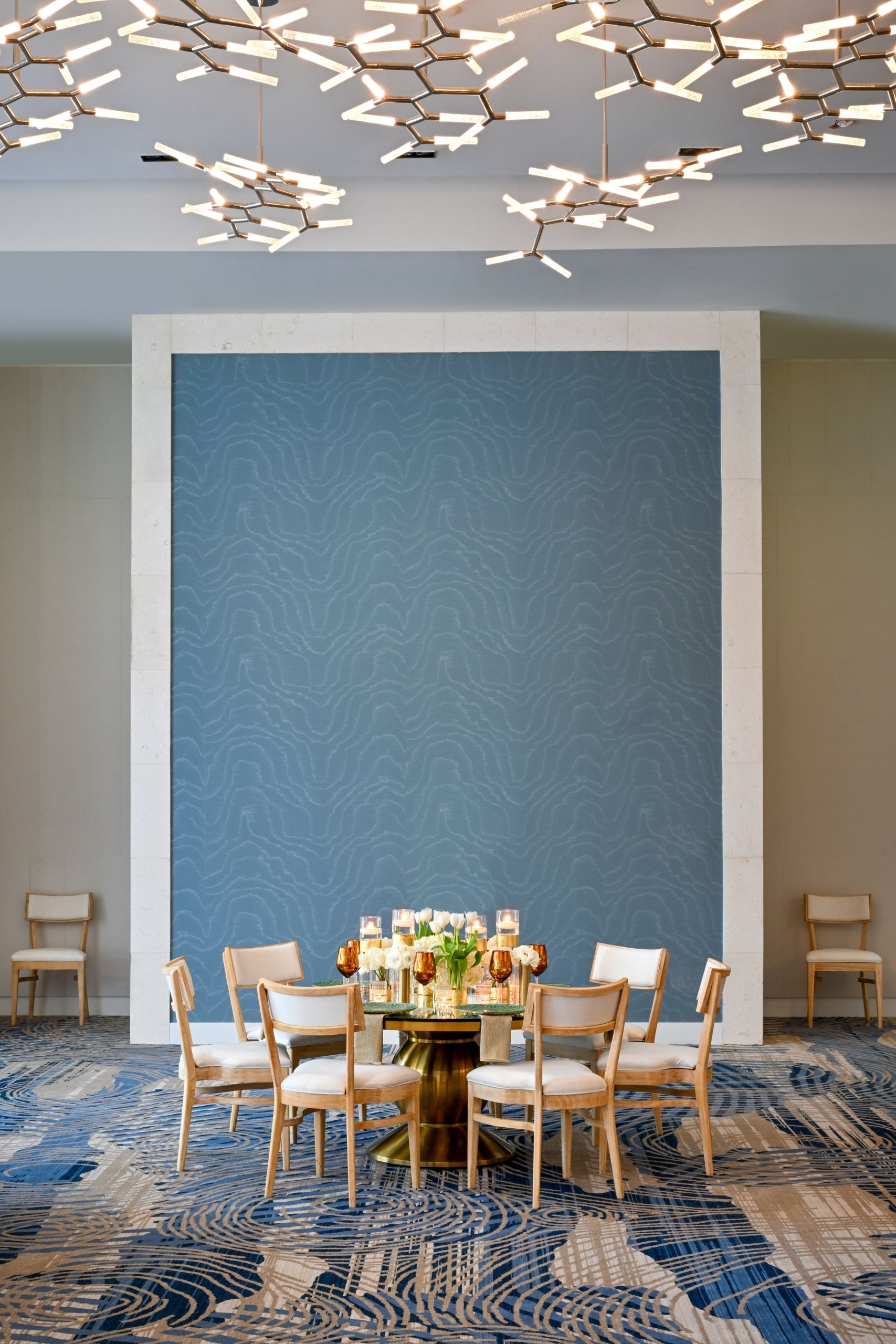 A table setting for an event in the Hibiscus venue at Amrit Ocean Resort.