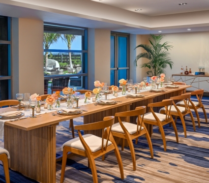 A table set up for a function in a venue at the Amrit Ocean Resort