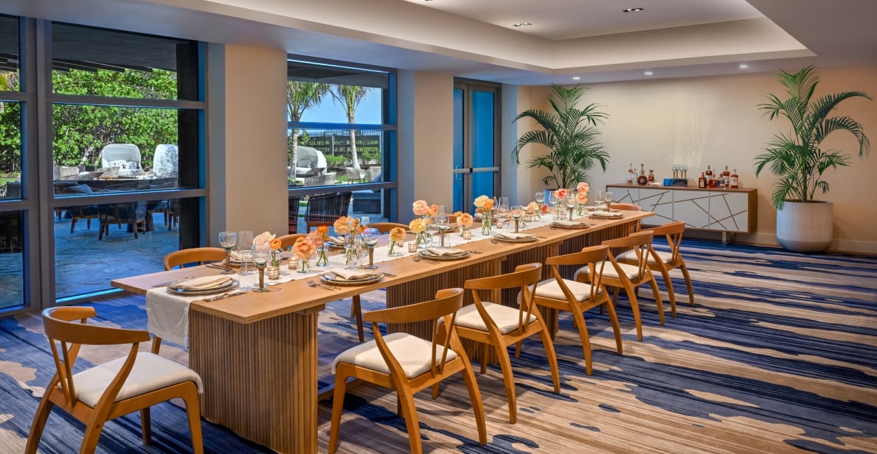 A table set up for a function in a venue at the Amrit Ocean Resort